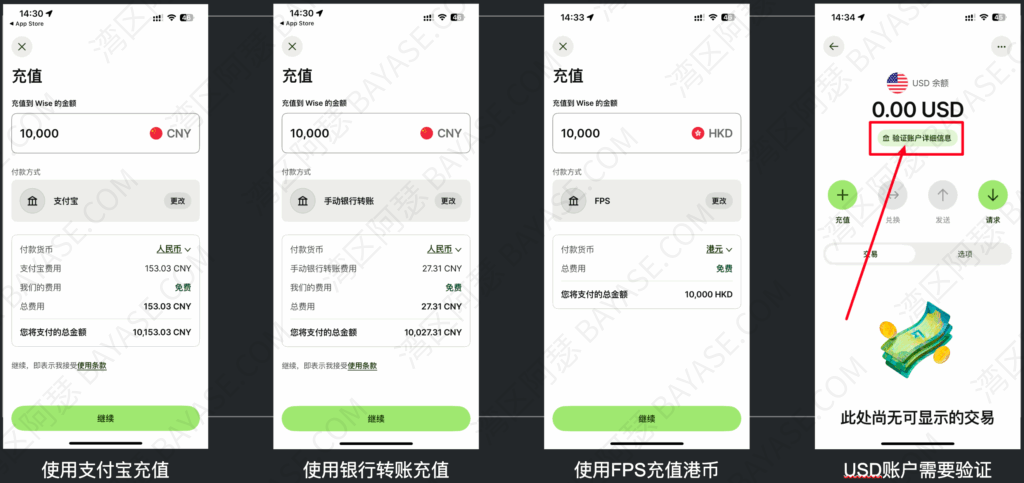 wise充值人民币、港币，以及usd账户状态