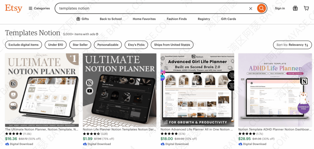 Esty上的notion模板列表