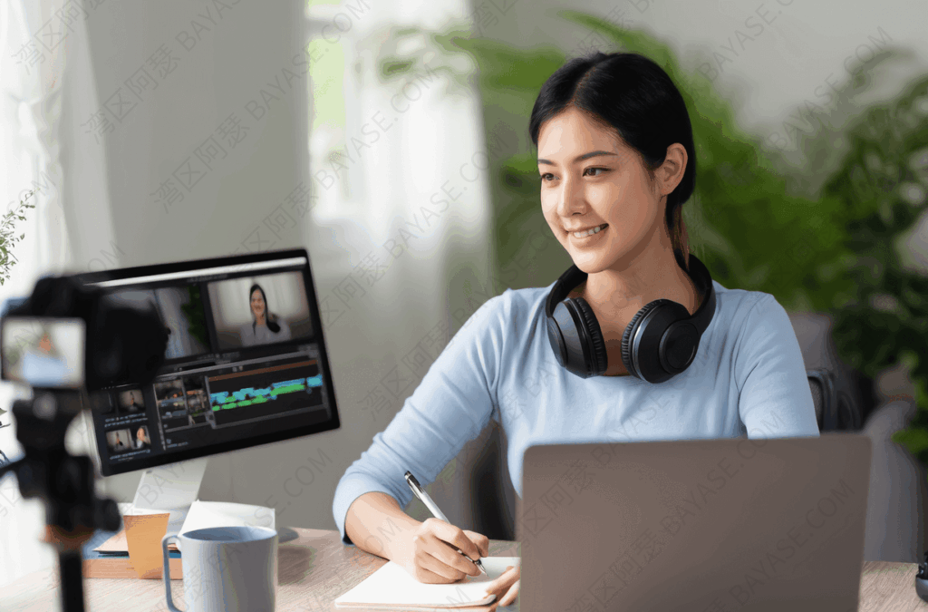 视频剪辑师,在电脑前拍摄和工作