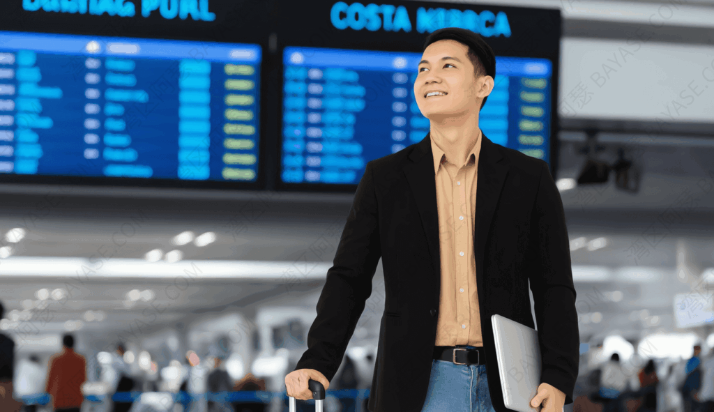 男人在机场,拿着笔记本电脑