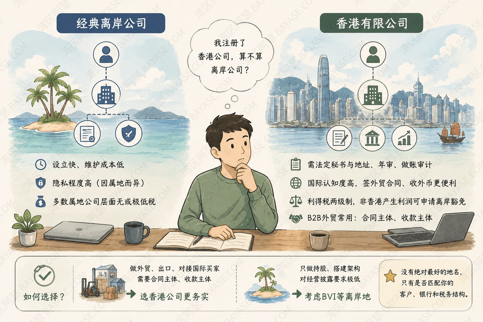 离岸公司和香港公司有什么区别？香港公司可以是离岸架构里的一种载体，但「香港公司」并不自动等于口语里的「经典离岸公司」。