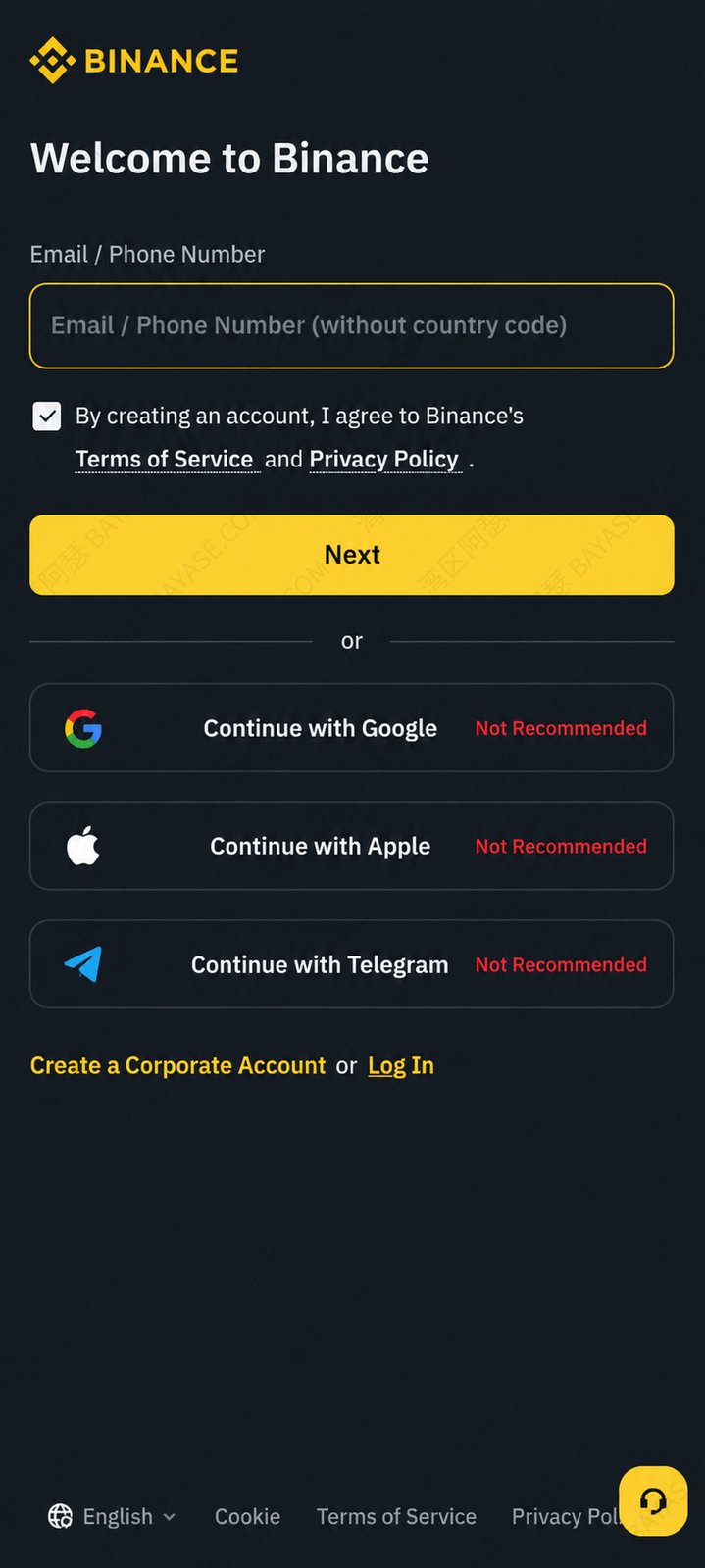 Do not use third-party login for Binance registration