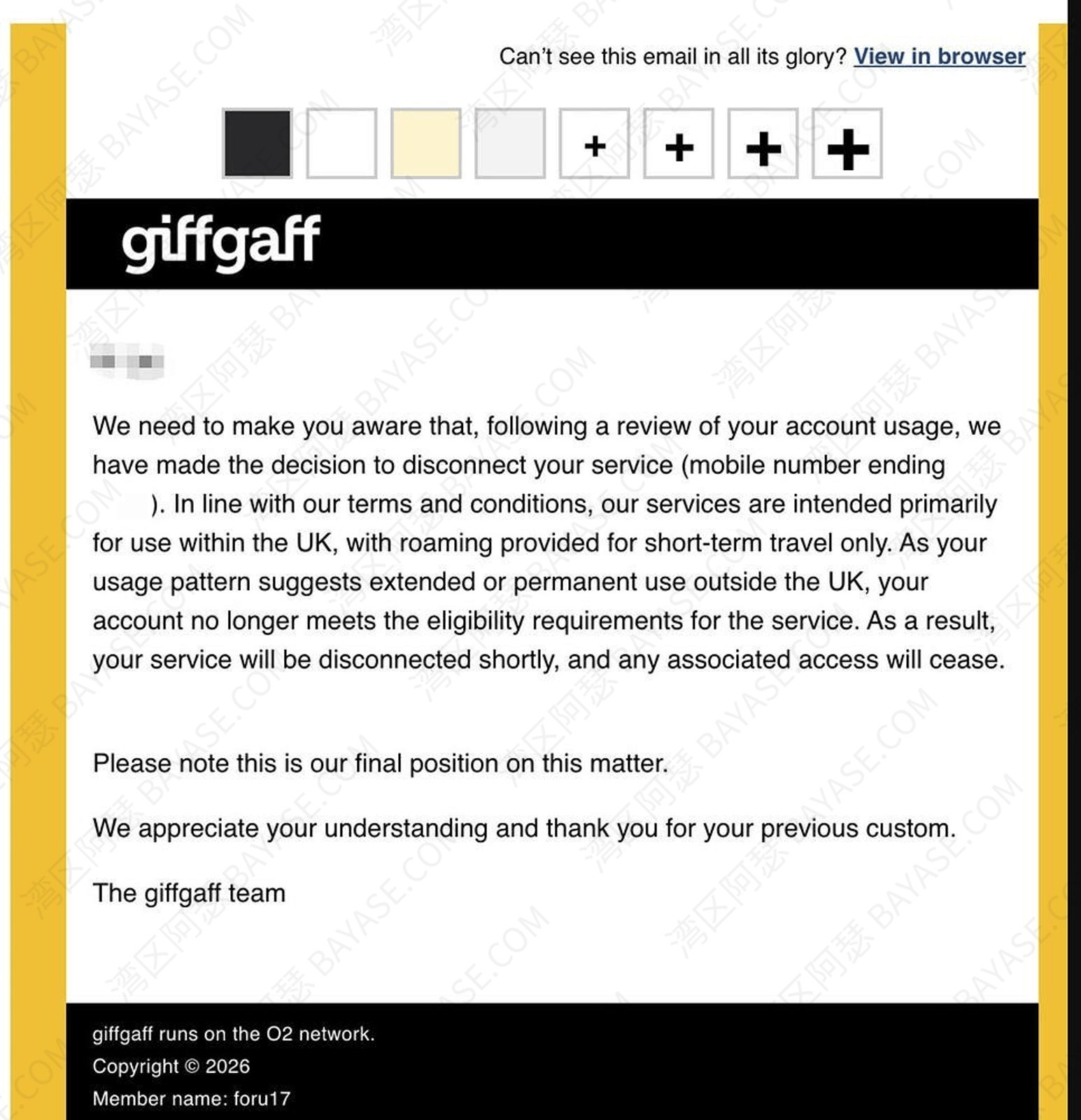 giffgaff封号邮件，官方终止服务邮件截图：通知用户因长期境外使用将断开服务
