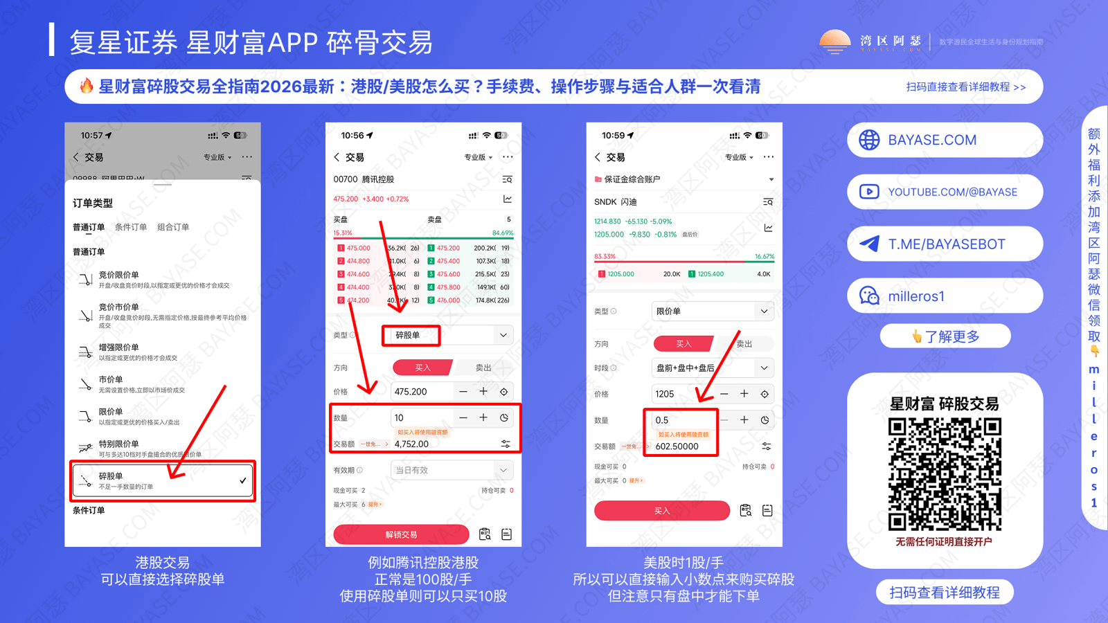 复星证券 App 星财富碎股交易全指南：港股可选碎股单、腾讯不足一手下单、美股小数数量买入示意