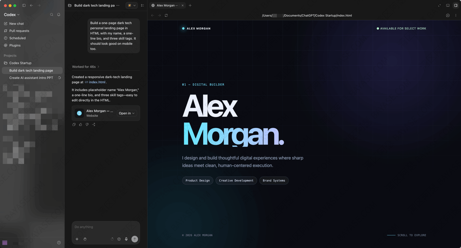 Codex one-prompt personal landing page result
