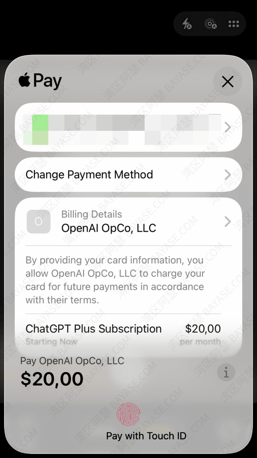 使用 Apple Pay 完成 ChatGPT 订阅付款成功的截图