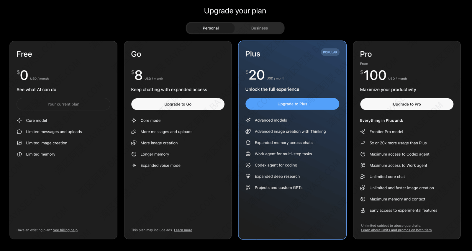 ChatGPT web checkout showing Plus/Pro plan options