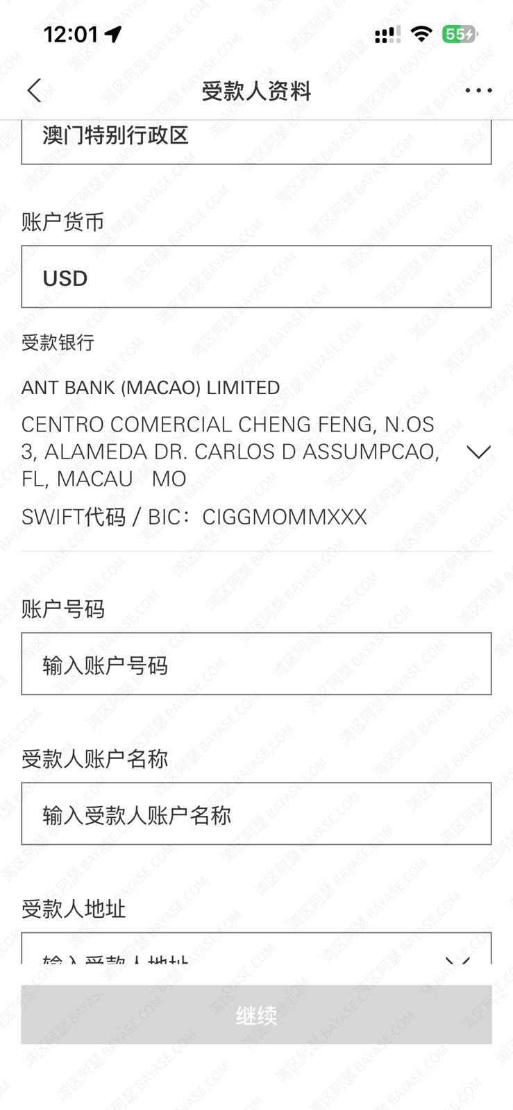SWIFT汇款资料填写界面